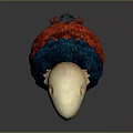 Colorful 3D Bird With Open Beak Yellow Eyes Red Feet Blue Red Feathers Dark Background