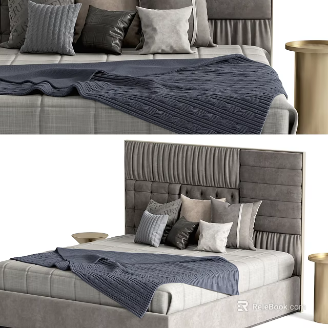 Modern Double Bed With Ribbed Headboard Multiple Gray White Dark Pillows And Navy Blue Blanket 3d model