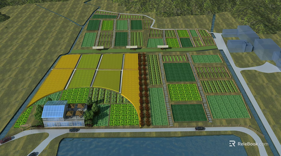 Garden Landscape With Colorful Planting Beds Greenhouse And Water Area Layout 3d model 