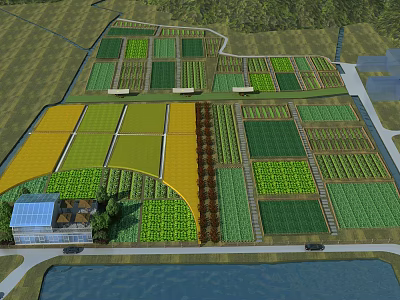 Garden Landscape With Colorful Planting Beds Greenhouse And Water Area Layout 3d model