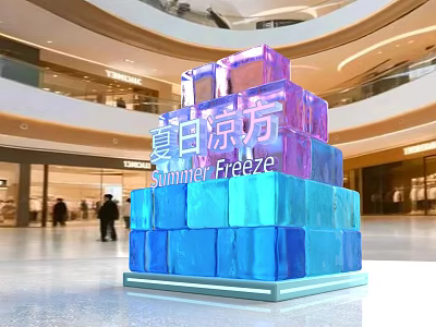 Blue And Purple Ice Block Stack Art Installation In Shopping Mall For Summer Theme 3d model