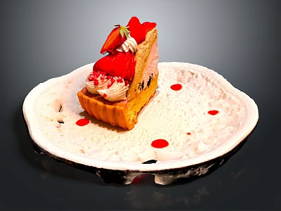 Delicious Strawberry Tart With Whipped Cream Fresh Strawberries And Red Sauce Drizzle On White Plate 3d model