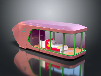 Cartoon Scene of Pink Mobile House With Transparent Windows Green Borders and Interior Furniture 3d model