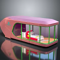 Cartoon Scene of Pink Mobile House With Transparent Windows Green Borders and Interior Furniture