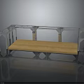 Silver Geometric Metal Frame Bench With Wooden Seat On Black Smooth Reflective Surface