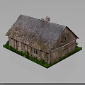 Traditional Wooden Building Exterior With Thatch Roof And Green Grass Around