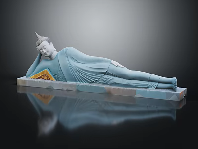 Handcrafted Reclining Buddha Sculpture In Blue Jade With Yellow Decorative Accent And Reflective Base 3d model