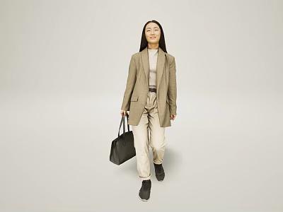 Professional Woman In Beige Blazer And Light Pants Walking With Black Handbag On Neutral Background 3d model