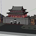 Ancient Architecture City Gate Tower With Red Wooden Structure Gray Brick Wall And Arched Gateways