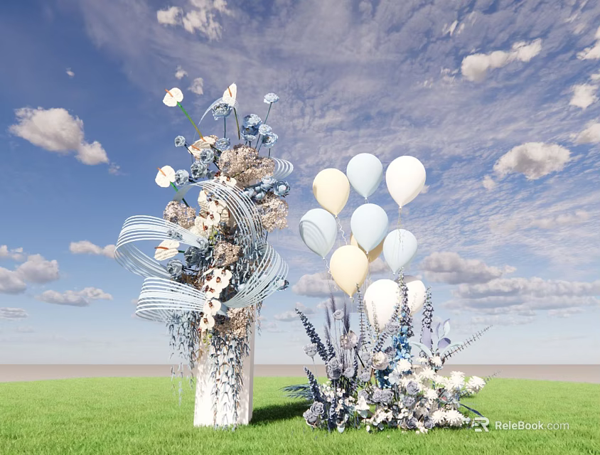 Elegant Floral Display With White Light Blue Balloons On Green Grass Under Blue Sky 3d model 