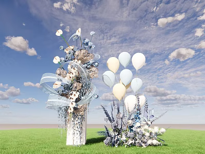 Elegant Floral Display With White Light Blue Balloons On Green Grass Under Blue Sky 3d model