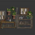 Vintage Wooden Bookshelves Display With Potted Plants Decorative Frames And Books