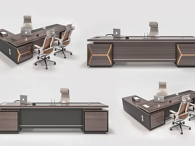 Modern Office Desk With Dark Wood Finish Ergonomic Chair Computer And Storage 3d model