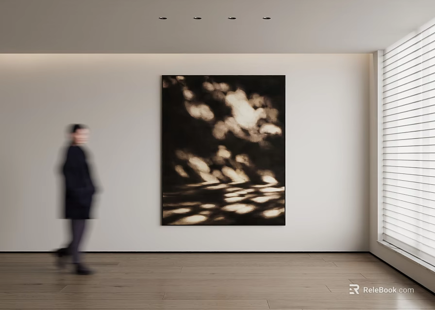 Abstract Painting With Light Effects In Room With Walking Figure Wooden Floor And Blinds 3d model 