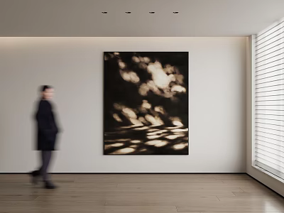 Abstract Painting With Light Effects In Room With Walking Figure Wooden Floor And Blinds 3d model