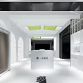 Modern Retail Store Interior Design With White Counter Green Ceiling And Display Shelves