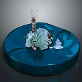 Circular Blue Base Scene With Small Island Snow Covered Trees And Green Glowing Dots