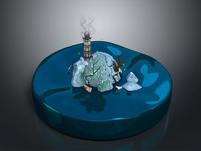 Circular Blue Base Scene With Small Island Snow Covered Trees And Green Glowing Dots 3d model