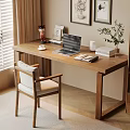 Modern Wooden Desk Setup With Laptop Chair Plants And Bookshelf In Cozy Room