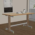 Modern Wooden Desk with Metal Frame Caster Wheels and Books Near Window Natural Light