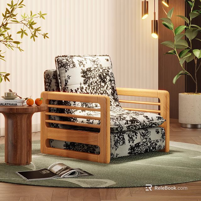 Modern Single Sofa With Wooden Frame Black White Floral Fabric And Side Table Green Plants 3d model 