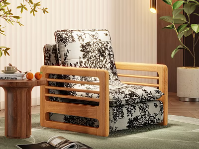 Modern Single Sofa With Wooden Frame Black White Floral Fabric And Side Table Green Plants 3d model