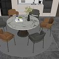 Modern Round Dining Table Set With Marble Top And Neutral Colored Chairs On Circular Rug 3d model