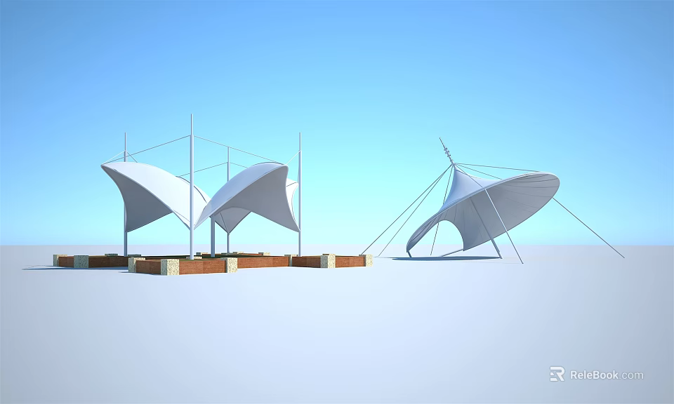 White Tensile Membrane Structures With Metal Support Frames And Orange Base Foundations 3d model 