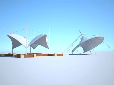 White Tensile Membrane Structures With Metal Support Frames And Orange Base Foundations 3d model