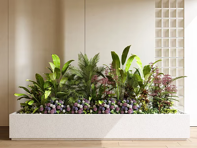 Lush Indoor Plants And Purple Flowers In White Planter Box For Interior Decor 3d model