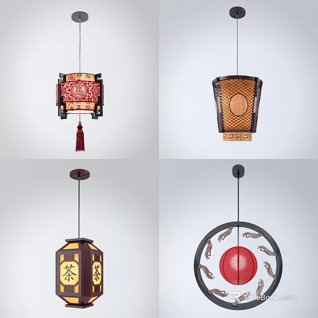 Traditional Chinese Pendant Lamps Featuring Lantern Shapes Wooden Frames And Tassel Decor 3d model 