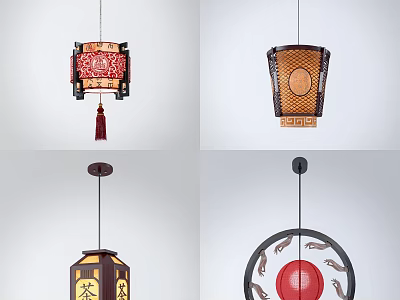 Traditional Chinese Pendant Lamps Featuring Lantern Shapes Wooden Frames And Tassel Decor 3d model