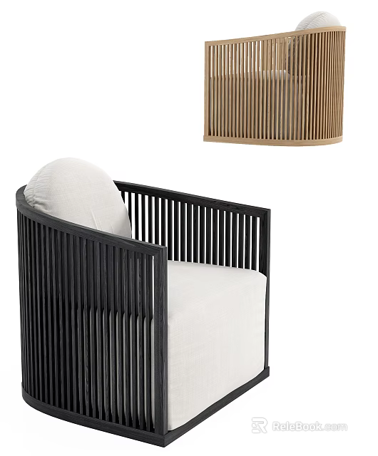 Modern Single Sofa With Black Frame White Cushion Vertical Slats And Wooden Top Design 3d model 