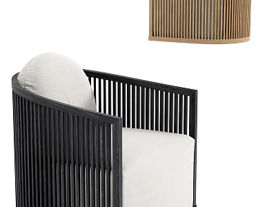 Modern Single Sofa With Black Frame White Cushion Vertical Slats And Wooden Top Design 3d model