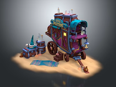 Vibrant Fantasy Carriage Setup With Chest Barrel Rug On Sand 3d model