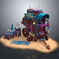 Vibrant Fantasy Carriage Setup With Chest Barrel Rug On Sand