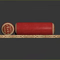 Beige Area Carpet With Intricate Floral Pattern And Red Decorative Rolls On Top