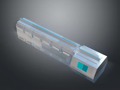 Modern Linear Building Design Featuring Transparent Glass Facade And Blue Accent Panels 3d model