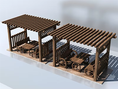 Outdoor Wooden Pergola With Bench Seating Decorative Wagon And Slatted Roof Design 3d model