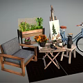 Single Sofa With Wooden Frame Small Table Potted Plants Easel And Bicycle On Rug