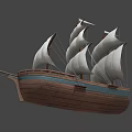 Wooden Sailing Ship With White Sails And Multiple Masts Classic Design 3d model