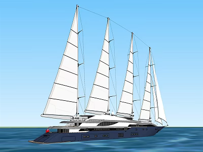 Luxury Sailing Yacht With Multiple White Sails Sailing On Blue Ocean Under Clear Sky 3d model