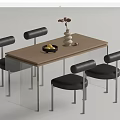 Modern Dining Table Set With Wooden Top Black Chairs Metal Legs Flower Vase Fruit Bowl