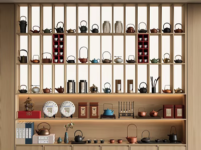 Traditional Tea Sets Display on Wooden Shelves With Various Teapots Teacups and Tea Caddies 3d model