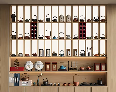 Traditional Tea Sets Display on Wooden Shelves With Various Teapots Teacups and Tea Caddies 3d model