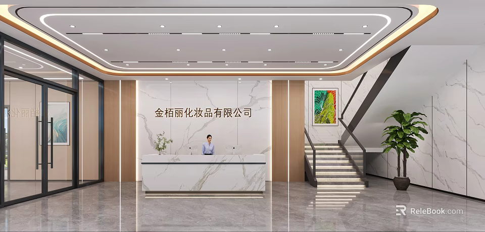 Modern Elegant Corporate Front Desk Reception With White Marble Counter In Bright Spacious Office Lobby 3d model 