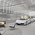 Luxury Car Showroom Showcasing White Ferrari Cars With Modern Interior Sofa Chairs And Ceiling Design