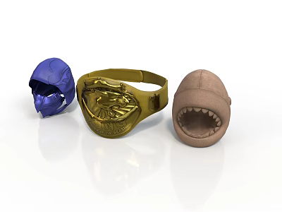 Decorative Ornaments Including Blue Helmet Gold Dragon Ring And Brown Creature Head 3d model