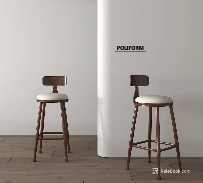 Poliform Design Wooden Frame Bar Stools With White Cushion In Modern Interior 3d model