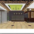 Elegant Front Desk Reception Area With Decorative Ceiling Chandelier Framed Artworks And Wooden Counter